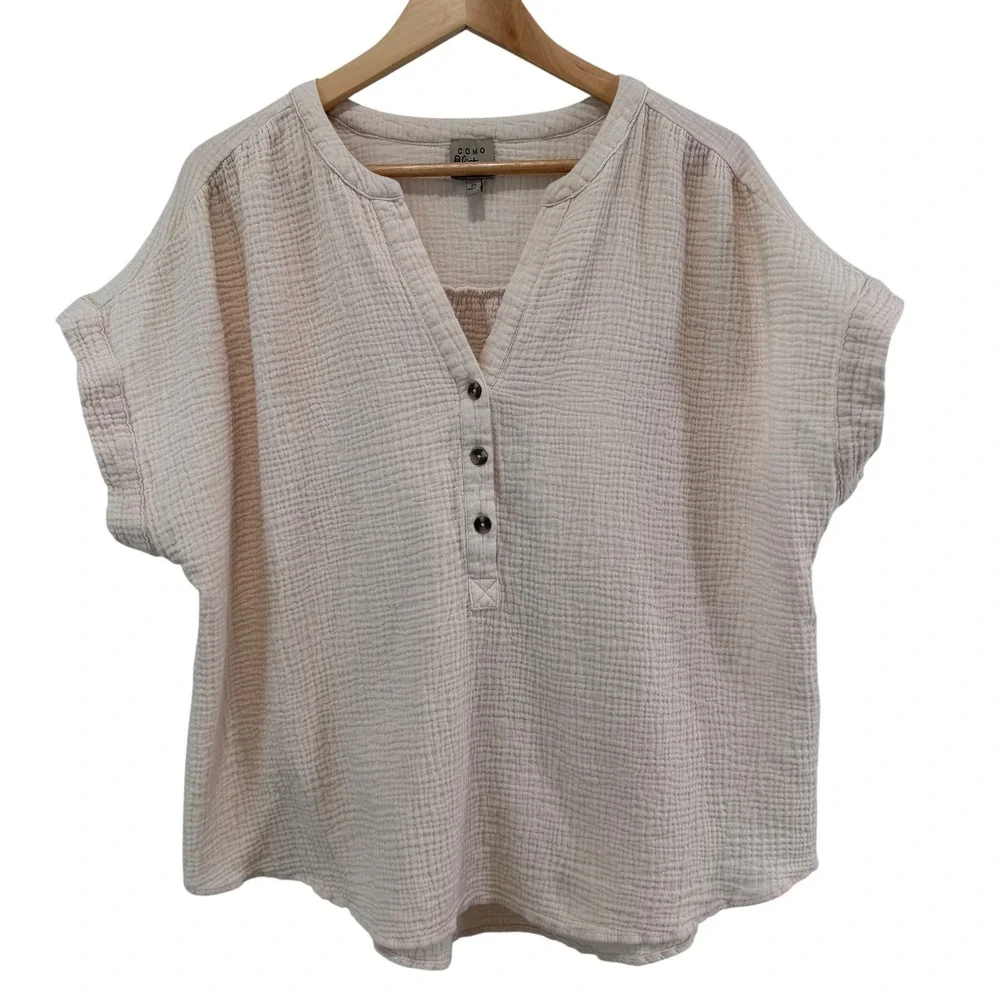 Beachy Gauze Cotton Womens Henley Top Size 2X Light Peach Short Sleeve Crinkle